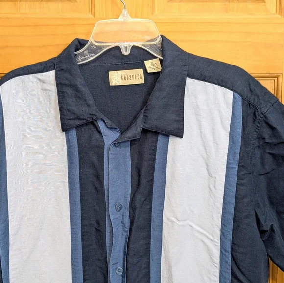 Cubavera Men's XL Shirt Striped Button Up Short Sleeve Camp Cuban Blue Linen - Picture 3 of 8